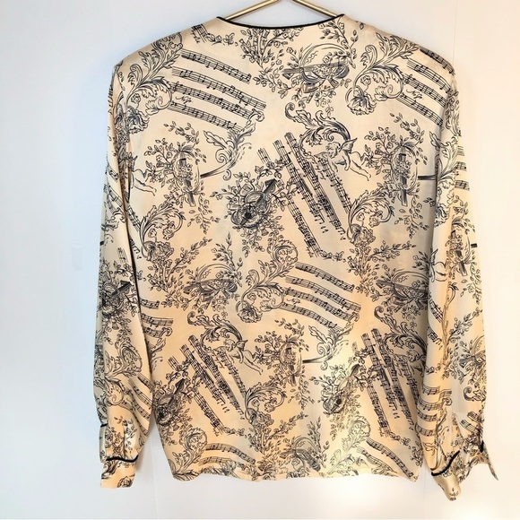 VINTAGE blush black pure silk,cherubs angel musical print long sleeve blouse 12 - Picture 5 of 11